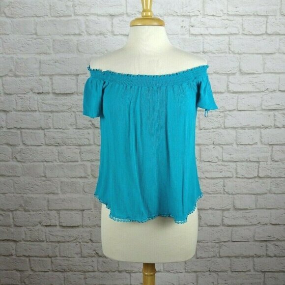 💰3/$25 Self E Off The Shoulder Peasant Top Blouse Smocked Flowy Boho XS - Picture 2 of 10